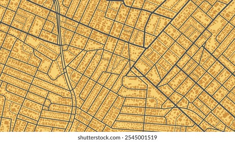 Plano de navegação abstrato da área urbana representado como um esquema simples com edifícios. Conceito de planejamento e mapeamento de uma rota de viagem usando um mapa geral da cidade. Ilustração de vetor plano