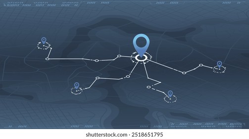 Abstract navigation through multiple POI. Online location tracking with arrival time data on city map. City map in blue and dark colors. Vector illustration