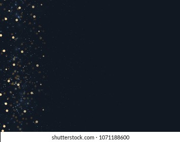 Abstract navy blue blurred background with bokeh and gold glitter left side. Copy space. Vector illustration