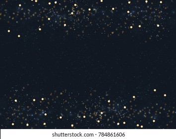 Abstract Navy Blue Blurred Background With Bokeh And Gold Glitter Header Footers. Copy Space. Vector Illustration