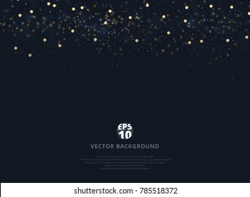 Abstract Navy Blue Blurred Background With Bokeh And Gold Glitter Header. Copy Space. Vector Illustration