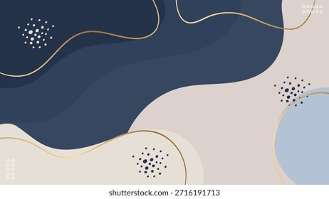 Abstrato Azul Marinho Ondas Cinza Formas Ouro Linhas Mínimo Estilo Trendy Fundo. Banner do vetor