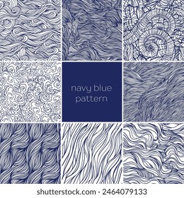 Conjunto de patrones dibujados a mano azul marino Abstractas, fondo de ondas. Patrón sin costura se puede utilizar para el Fondo de pantalla, rellenos de patrón, fondo, texturas de superficie.