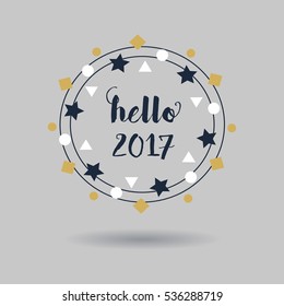 Abstract navy blue hello 2017 sign and white and golden circle geometrical wreath emblem with dropped shadow on gray background