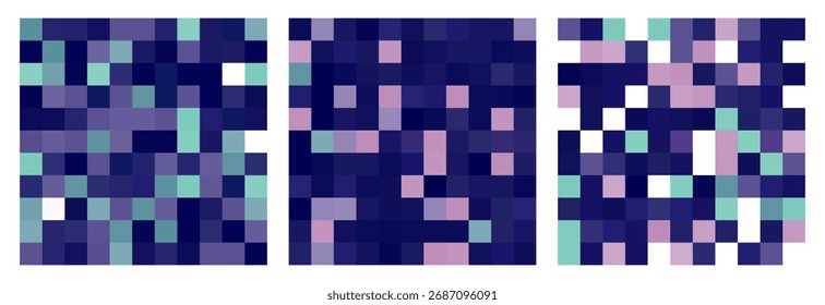 Abstractas azul marino, fondo de azulejos Pequeños de color púrpura. Textura de Vector de arte de mosaico de moda. Bolso a cuadros en color azul oscuro. Telón de fondo geométrico mínimo. Conjunto de 3 cuadrados de mosaico de Vector sin patrón