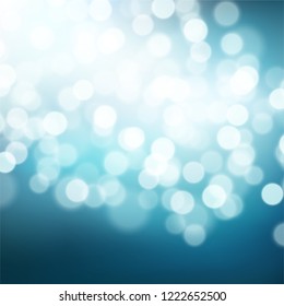 Abstract navy blue, teal, white background whith bokeh effect. Blurred winter xmas backdrop with place for text. Vector illustration for your graphic design, banner, poster.