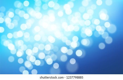 Abstract navy blue, teal, white background whith bokeh effect. Blurred winter xmas backdrop with place for text. Vector illustration for your graphic design, banner, poster