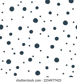 Abstract navy blue and white seamless vector polka dots pattern. Adorable and cute hand-drawn geometric design with big and small blobs is chaotic and pretty.