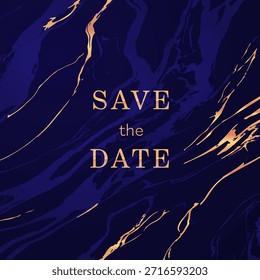 Fundo de textura de tinta líquida azul marinho abstrato com listras douradas metálicas. Convites de casamento de luxo ou modelo de folheto de evento corporativo com layout de texto limpo.