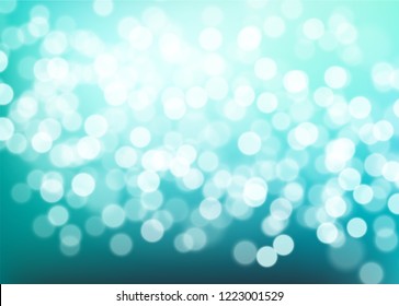 Abstract navy teal to light turquoise, white background whith bokeh effect. Blurred winter xmas backdrop with place for text. Vector illustration for your graphic design, banner, poster.