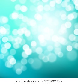Abstract navy teal to light turquoise, white background whith bokeh effect. Blurred winter xmas backdrop with place for text. Vector illustration for your graphic design, banner, poster.