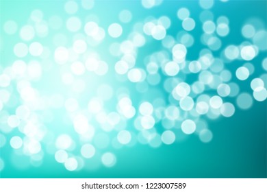 Abstract navy teal to light turquoise, white background with bokeh effect. Blurred winter xmas backdrop with place for text. Vector illustration for your graphic design, banner, poster.