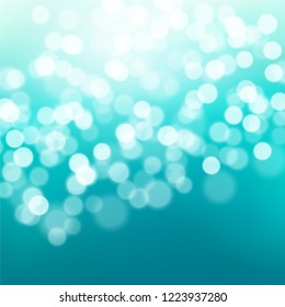 Abstract navy teal to light turquoise, white background whith bokeh effect. Blurred winter xmas backdrop with place for text. Vector illustration for your graphic design, banner, poster