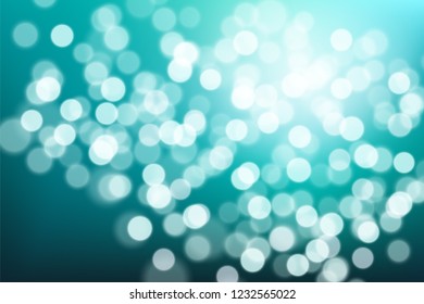 Abstract navy teal to light turquoise, white background whith bokeh effect. Blurred winter xmas backdrop with place for text. Vector illustration for your graphic design, banner, poster.