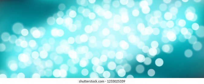 Abstract navy teal to light turquoise, white background whith bokeh effect. Blurred winter xmas backdrop with place for text. Vector illustration for your graphic design, banner, poster