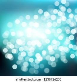Abstract navy teal to light turquoise, white background whith bokeh effect. Blurred winter xmas backdrop with place for text. Vector illustration for your graphic design, banner, poster