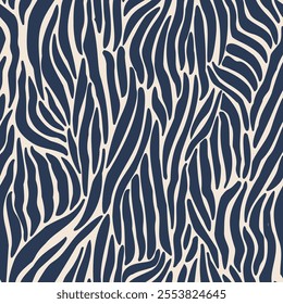 Abstract navy and white zebra stripe pattern creates a dynamic, flowing composition reminiscent of natural textures. Perfect for fashion, interior design, or artistic backgrounds and textiles.