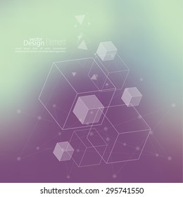Abstract neat Blurred Background with transparent cubes, hexagons carcass. 