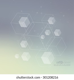 Abstract neat Blurred Background with transparent cubes, hexagons carcass. 