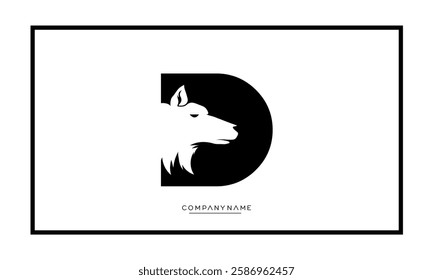 Abstract negative space wolf head inside alphabet letter D

