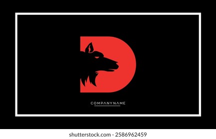 Abstract negative space wolf head inside alphabet letter D

