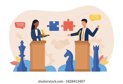 Abstract negotiation concept. Political, diplomatic or business negotiations. A woman and a man are negotiating against a background of chess and a puzzle. Flat vector illustration.