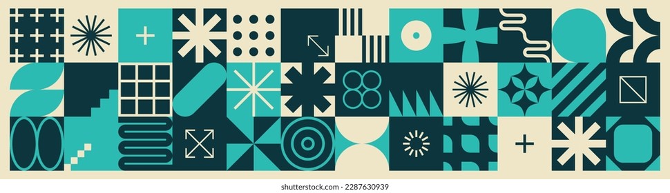 Abstract neo geo banner. modern and geometric background. monochrome geometric seamless pattern. Horizontal format. Flat vector illustration. Isolated shapes. abstract elements. Brutalism.