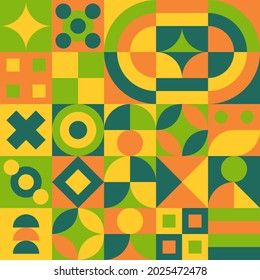 Abstract Neo Geo Design Pattern with Unique Geometric Shapes. Fresh Color Combine Green, Yellow, Orange. Good for Poster Template, Book Cover, Brochure, Banner, Flyer, Background, Wallpaper, etc