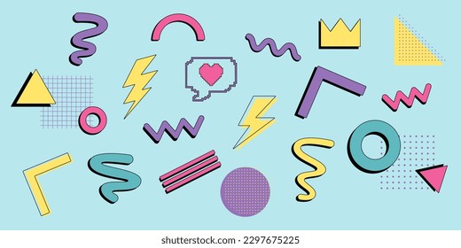 Resumen de figuras geométricas neo memphis. Colección de formas geométricas vectoriales de moda. Diseño memphis, elementos retro de los años 80-90. Ilustración vectorial.