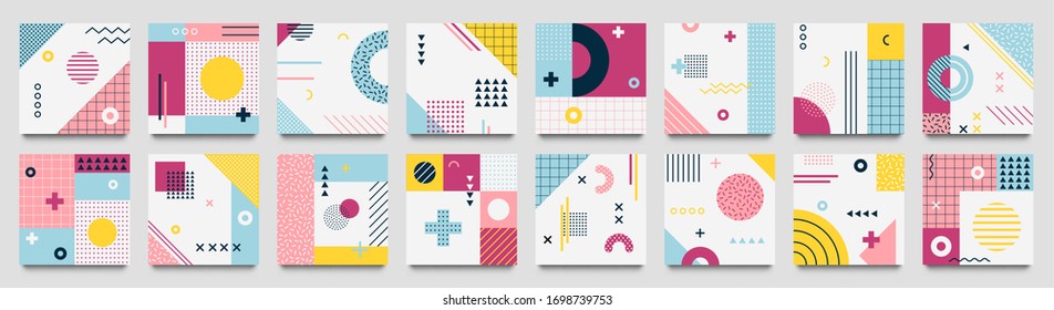 Abstract neo memphis geometric patterns. Geo grid square, color modern geometrical background with lines and dotted pattern vector set. Illustration of collection banner with dotted square background