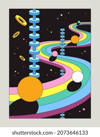 Abstract neo poster. Colorful retro poster with wavy lines, geometric shapes and dark background. Design element for covers, social networks and wall decoration. Cartoon flat vector illustration