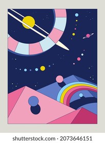 Abstraktes Neo-Poster. Modernes Banner mit Planet, geometrischen Ringen, Hügeln und Weltraum. Design-Element für Decken, soziale Netzwerke und Wanddekoration. Cartoon Zeitgenössische flache Vektorgrafik