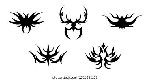 Abstract neo tribal element. Set of neo tribal shape. Aesthetic y2k cyber gothic style. Vector illustration.