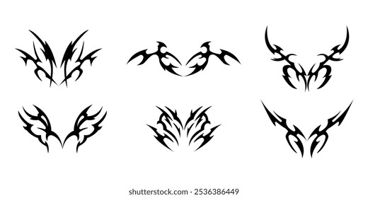 Abstract neo tribal element. Set of neo tribal shape. Aesthetic y2k cyber gothic style. Vector illustration.