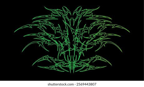 Abstract neo tribal sigil design with sharp, symmetrical green lines on a black background, evoking an aggressive yet futuristic aesthetic