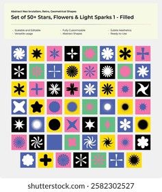 Abstract Neo-Brutalism Retro Geometric Shapes with Stars, Flowers  Light Sparks - Filled Color Designs