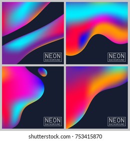 Abstract Neon, 3d, liquid color splash cover vector set. Futuristic fluid paint template. Abstract color black dark background.