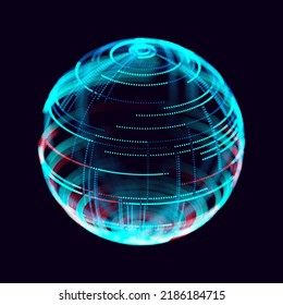 Abstract Neon 3D Tech Sphere. Global Network Connections. Cyberpunk Globe Grid HUD Design Element. Futuristic Earth Hologram. Vector Technology Sci Fi Illustration.