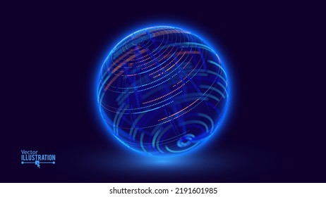 Abstract Neon 3D Tech Sphere. Global Network Connections. Cyberpunk Globe Grid HUD Design Element. Futuristic Earth Hologram. Vector Technology Sci Fi Illustration.