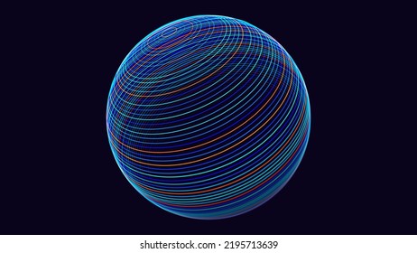 Abstract Neon 3D Tech Sphere. Neon Circles Backdrop. Global Network Connections. Cyberpunk Globe Grid HUD Design Element. Futuristic Earth Hologram. Vector Technology Sci Fi Illustration.