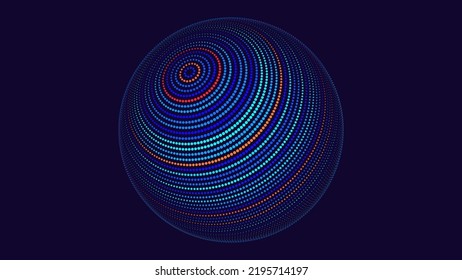 Abstract Neon 3D Tech Sphere. Neon Circles Backdrop. Global Network Connections. Cyberpunk Globe Grid HUD Design Element. Futuristic Earth Hologram. Vector Technology Sci Fi Illustration.