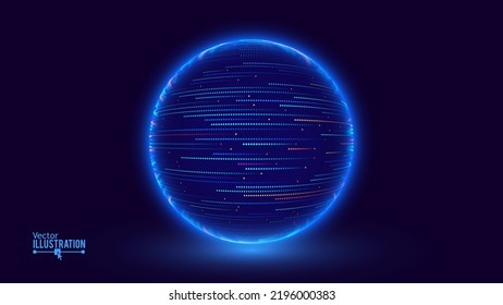 Abstract Neon 3D Tech Sphere. Neon Circles Backdrop. Global Network Connections. Cyberpunk Globe Grid HUD Design Element. Futuristic Earth Hologram. Vector Technology Sci Fi Illustration.