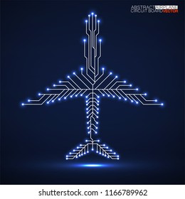 Abstract neon airplane with circuit board, plane logo. Vector