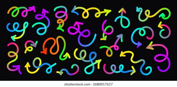 Conjunto de flechas de neón Abstractas. Puntero ondulado degradado de línea dibujado a mano sobre fondo negro. Vector Formas 3D. Elementos geométricos brillantes del arco iris de la onda para el Anuncio, cartel, fondo. Divertidos movimientos de remolino de doodle.