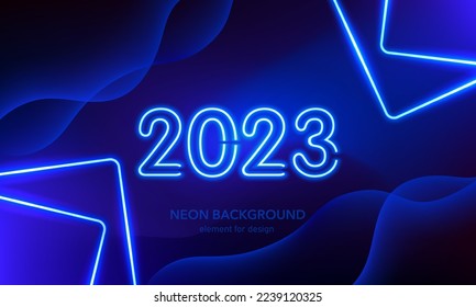 Abstract neon background. 2023 Happy new year. Lights line, luminous rays squares, neon magic. Motion shine blue.