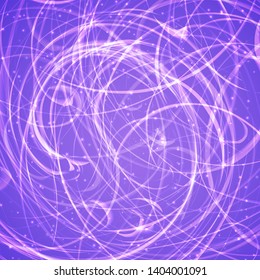 Abstract neon background chaotic curves with glowing particles. Retro 1980 style Synthwave sci-fi backdrop. Purple spiral vector illustration. Easy to edit template for your design.