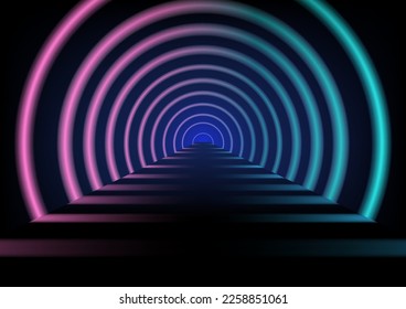 Abstrakter Neonhintergrund mit kreisförmigen Strahlern . Vektorgrafik.