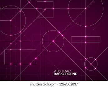 Abstract neon background of engineering drawing. Technological wallpaper made with circles and lines. Geometric design. Vector