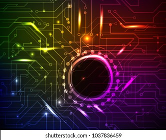 Abstract neon background with the image of a printed circuit board with luminous tracks and luminous flashes on a dark background.