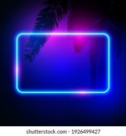 Abstrakter Neonhintergrund mit Blättern, blauen und rosafarbenen Lichtern, Vektorgrafik.